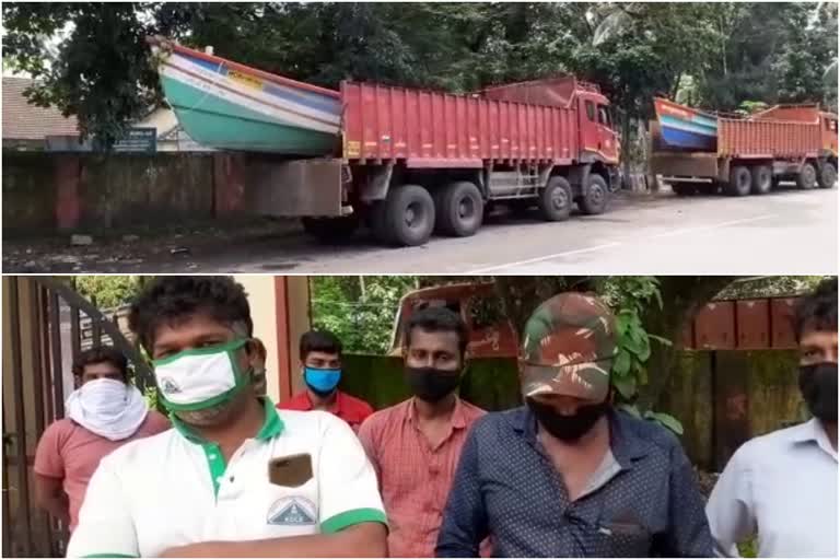 lorry drivers from kollam neendakara  lorry drivers tiruvalla flood  പ്രളയം നേരിടാന്‍ ബോട്ടുകള്‍  ലോറി ഡ്രൈവര്‍മാര്‍ക്ക് ദുരിതം  ലോറി ഡ്രൈവര്‍മാര്‍ക്ക് അടിസ്ഥാന സൗകര്യമില്ല  തഹസിൽദാർ മിനി.കെ.തോമസ്  കാവുംഭാഗം ദേവസ്വം ബോർഡ് സ്കൂള്‍  pathanamthitta flood  fisherman flood rescue