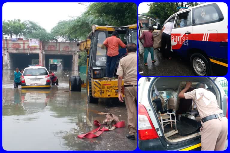 PCR van of police submerged in underpass water logging in Bridge Prahladpur Underpass