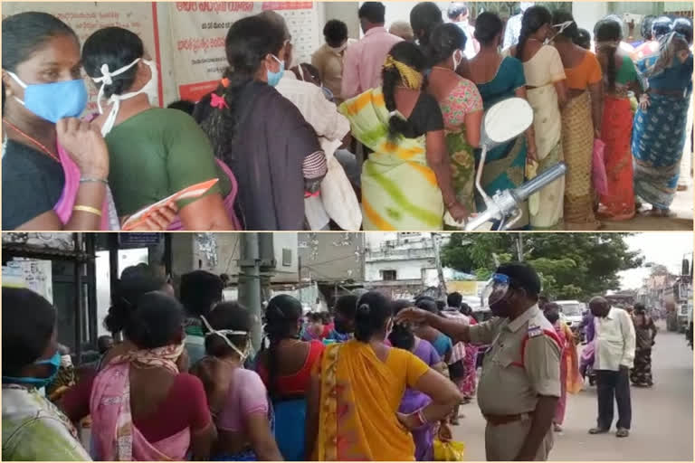 ladies standing at line without social distance at banks in vijayangaram, east godavari districts