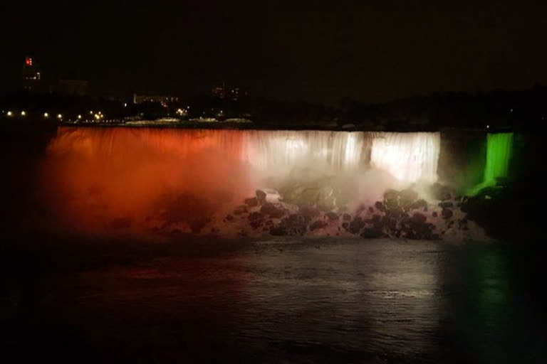 Niagara Falls illuminated in colours of Indian national flag. #IndiaIndependenceDay