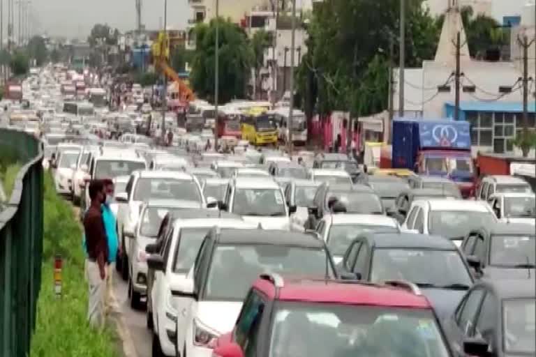 Delhi Gurugram Expressway jammed after rain in Gurugram