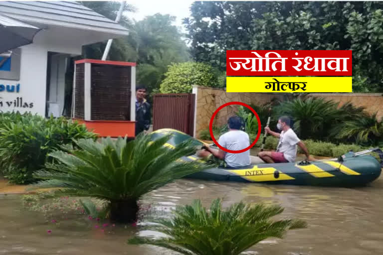 gurugram people doing boating on water logged road in the city