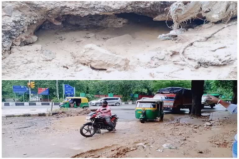 risk of road accidents increase due to road sinking at malviya nagar in delhi