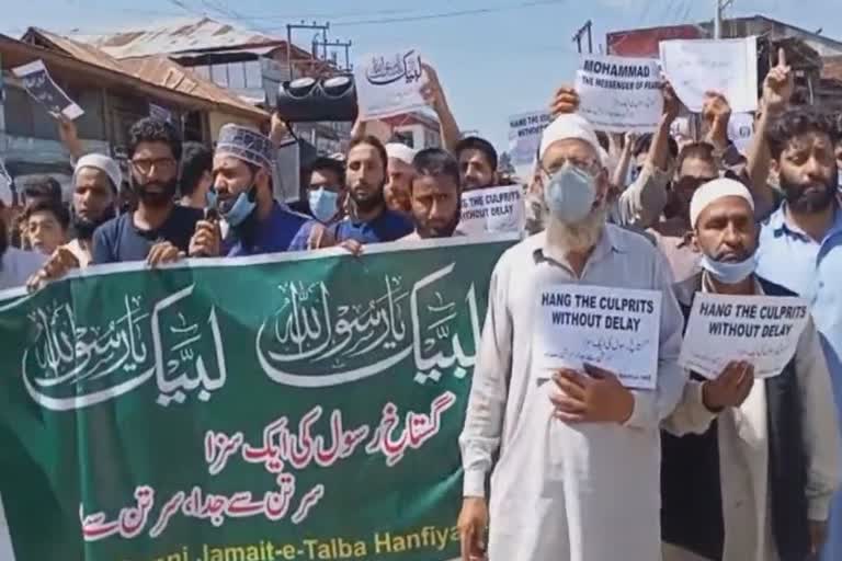 protest in Pulwama against ‘blasphemous’ remarks