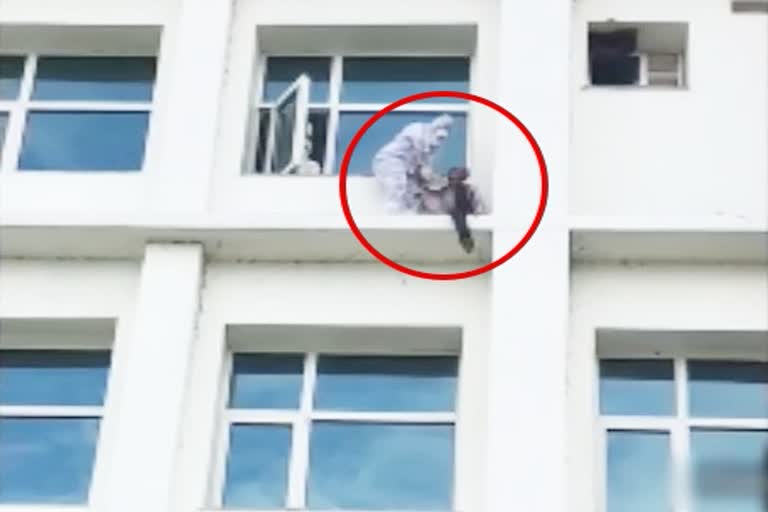 The patient jumped and tried to commit suicide