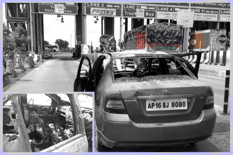 car burned at bollapalli checkpost in praksam district and passengers were safe in prakasam district