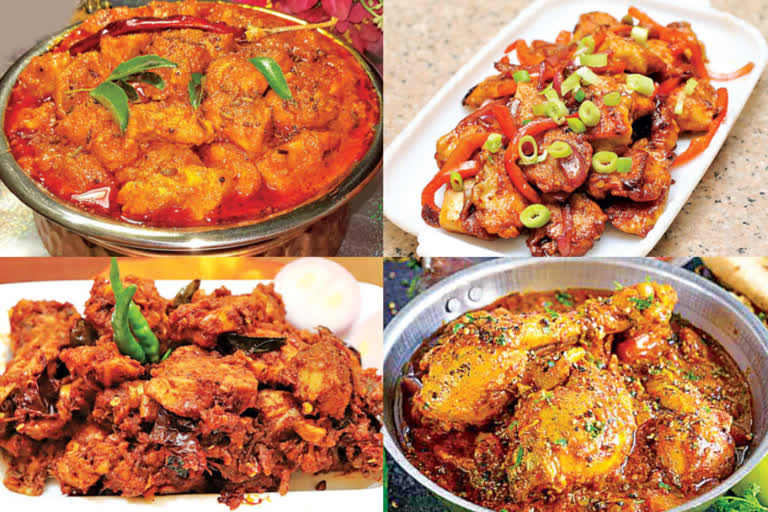 variety dishes with chicken like achari and chettinad fry curries