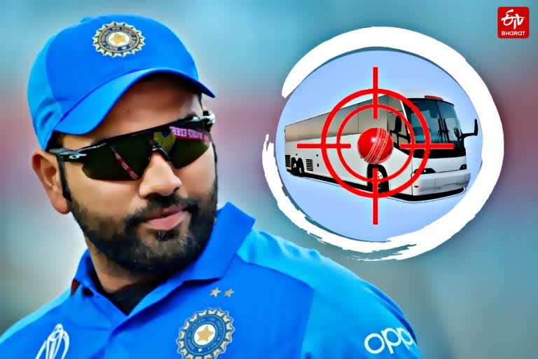 rohit sharma hits a huge six in practice as ball hits a moving bus