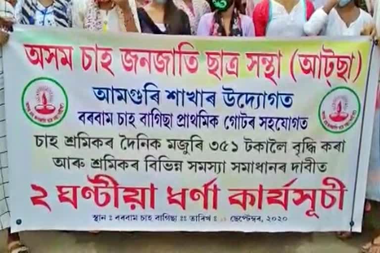 Protest at Barbam Tea Estate amguri sivsagar assam etv bharat news