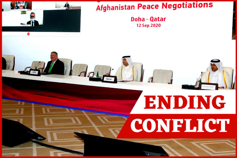 Taliban Afghan talks  Taliban Afghan peace deal  Taliban Afghan deal  Taliban Afghan Doha talks  US Taliban deal  US Taliban peace deal  Afghanistan peace deal  Mike Pompeo  peace after decades of war  Pompeo Taliban talks  Pompeo Kabul Taliban  Taliban, Afghan meet  meet to find peace  Afghan meet to find peace  onstitutional changes  Afghanistan's warring sides  Taliban insurgents  Taliban and Afghan officials hold peace talks in Doha  Taliban  Mike Pompeo  Afghan officials  അഫ്​ഗാൻ സമാധാനം  ചർച്ചകൾക്ക് ഇന്ന്​ ദോഹയില്‍ തുടക്കം  യുഎസ് സ്റ്റേറ്റ് സെക്രട്ടറി മൈക്ക് പോംപിയോ