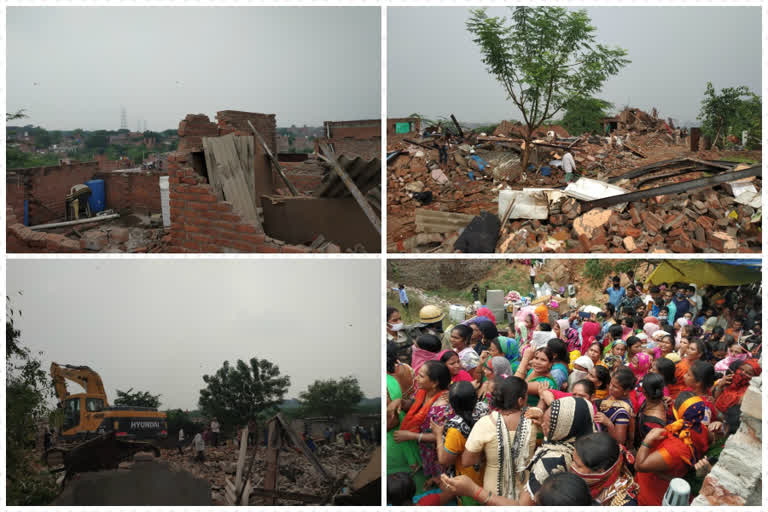 demolition in khauri village at delhi haryana border after sc order people protest women weep