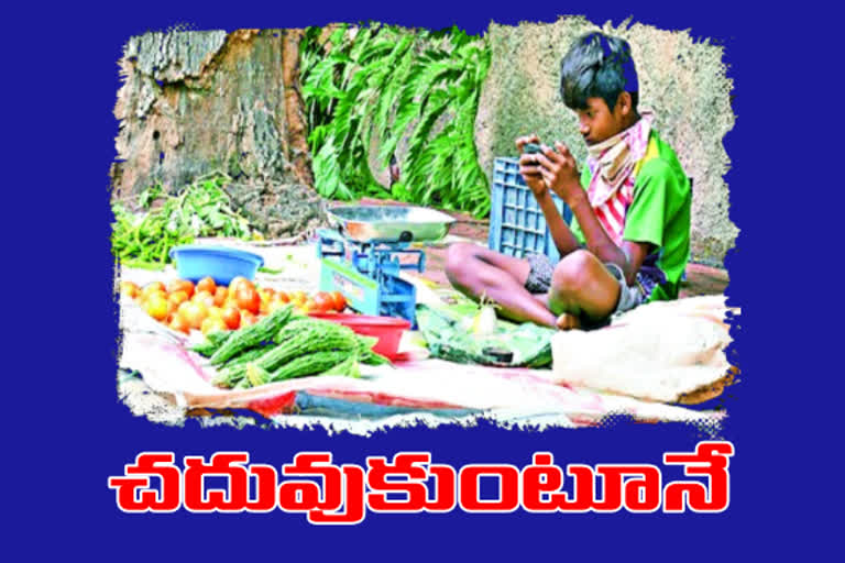 a boy selling vegetables and studying through online class at secunderabad