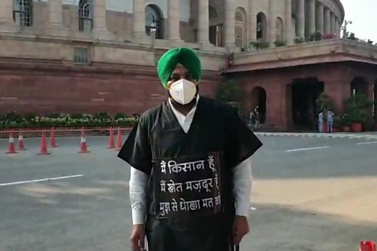 Gurjeet Aujla protests against agriculture ordinances in Parliament House wearing black robes