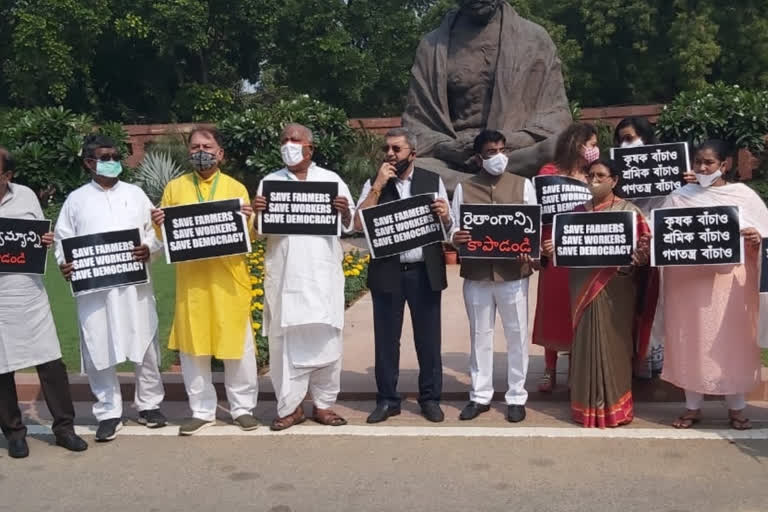 Opposition parties conduct silent protest march in Parliament over farm Bills