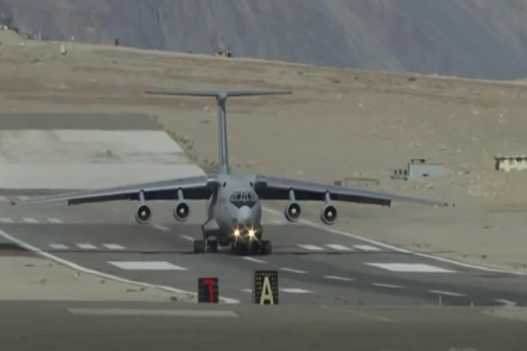 An Indian Air Force IL-76 transport aircraft taking off from a forward air base near PoK and China border