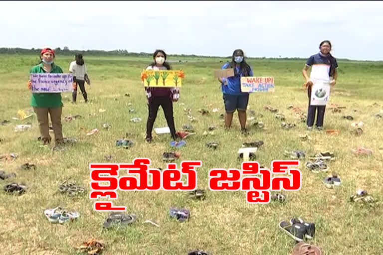 Protest With Shoes For Climate Justice in hyderabad