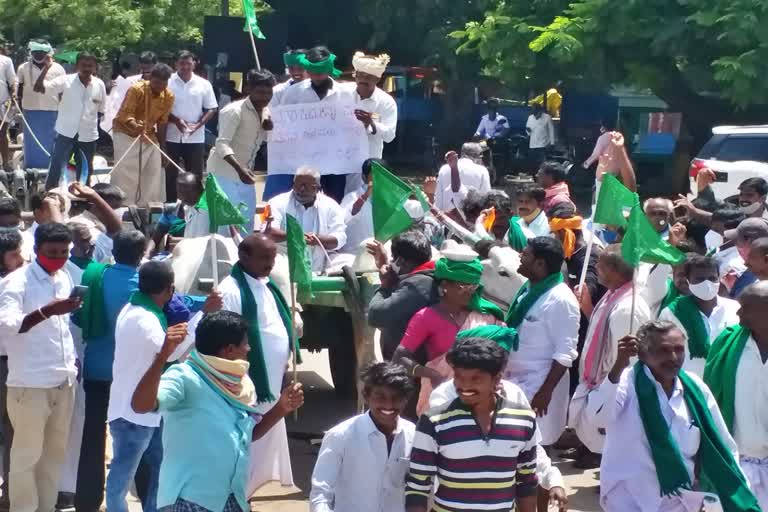 farmers protested by driving  bullock cart  in Bellary against Government