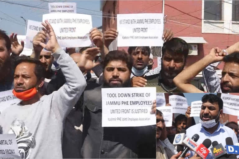 kashmir phe joint employees association held a protest at press colony srinagar