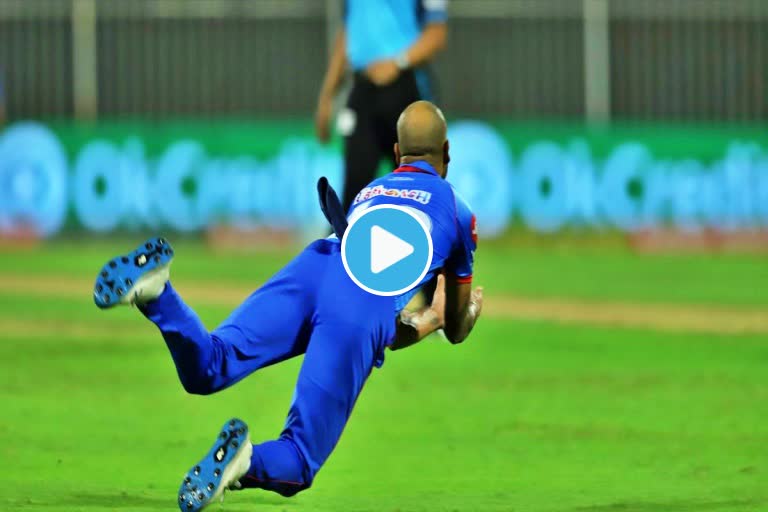 Shikhar dhawan goes full stretch to get the kkr captain out caught in ipl 2020