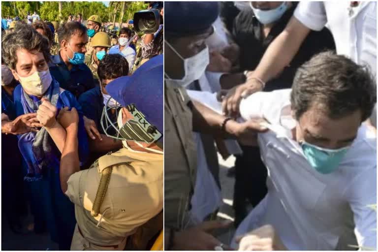 Hathras incident  Priyanka and Rahul Gandhi in hathras  Priyanka police issue in hathras  പ്രിയങ്കാ ഗാന്ധി ഹത്രാസില്‍  രാഹുല്‍ ഗാന്ധി ഹത്രാസില്‍  പ്രിയങ്ക പൊലീസ് പ്രശ്‌നം