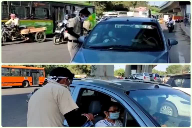 people walking without masks delhi civil defense staff challan cutting