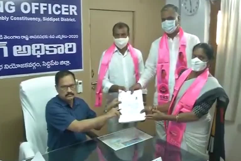 trs candidate solipeta sujatha nomination filed in Dubbaka election