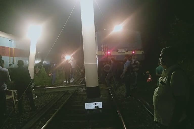 Two locomotives of a derailed train near Puri