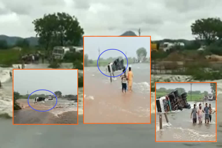 canal overflowing at razapuram -lorry washed out in it