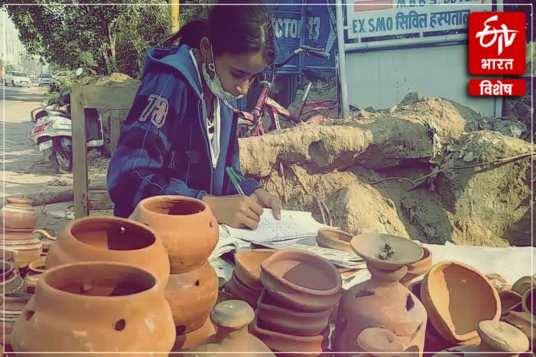 girl selling pots in kurukshetra and also doing study on roadside