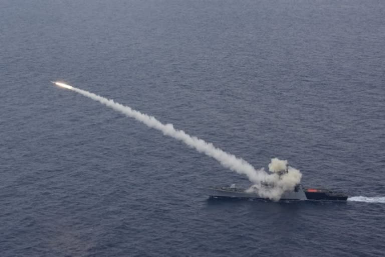 Anti-Ship missile (AShM) fired by Indian Navy's Guided Missile Corvette INS Kora hits the target at max range with precise accuracy in the Bay of Bengal.