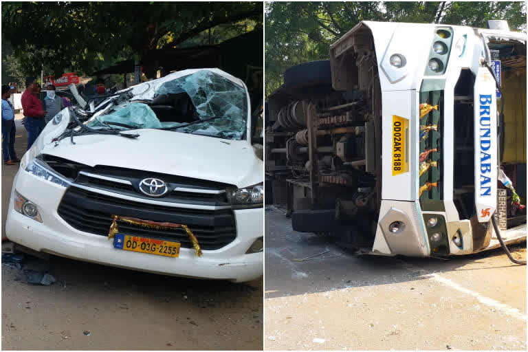 Two killed, 25 injured as bus get on the car in Boudh