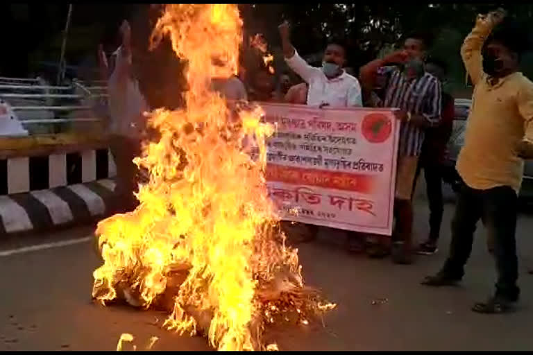 effigy burn at golaghat  supply minister fani bhusan choudhory  and cheif minister