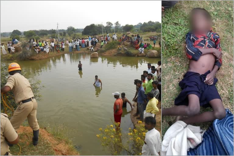 The boy falls into the stored water of the stone mining pond