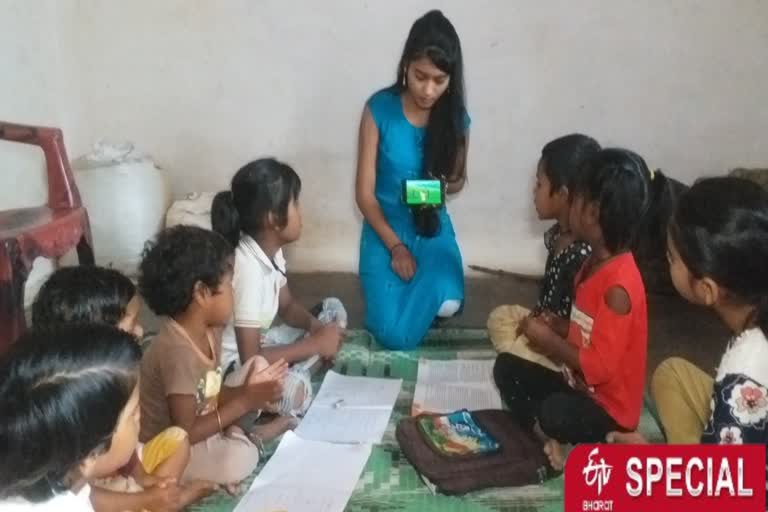 Students teaching poor children by phone