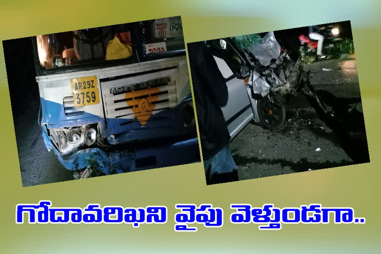 car hits rtc bus near godavarikhani