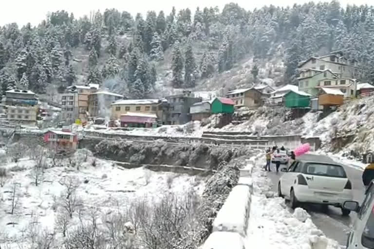 Tourists in kufri during snowfall in himachal pradesh