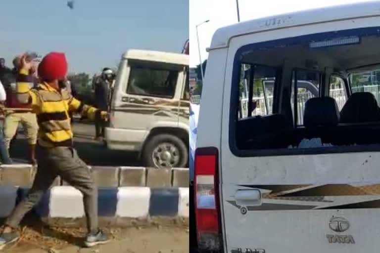 farmers pelted stones at police vehicles at khanori border in jind