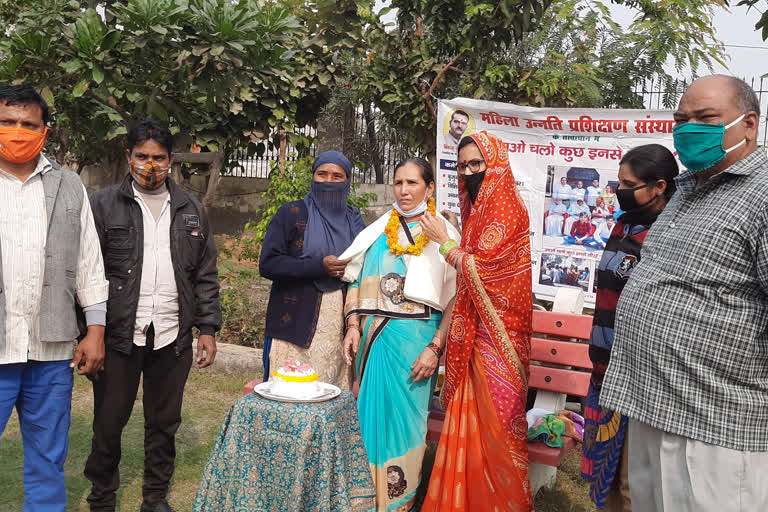 celebrating birthday of elderly woman