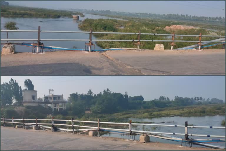 Construction of iron barrier to Kampli bridge