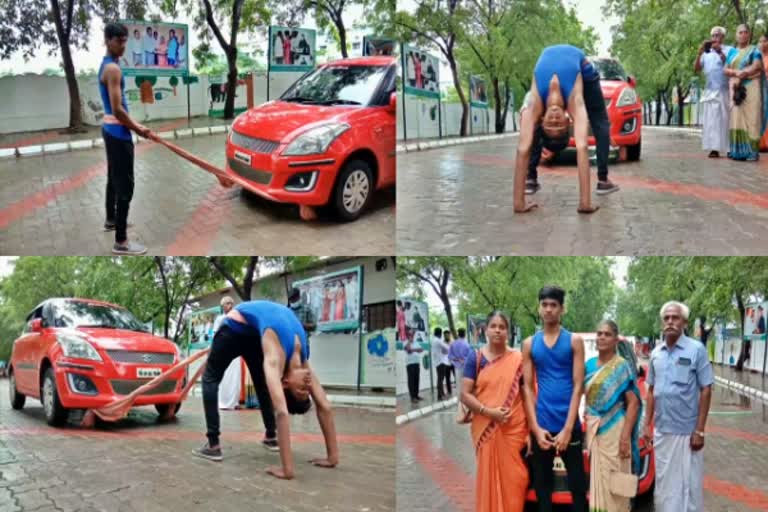 student pulling the car