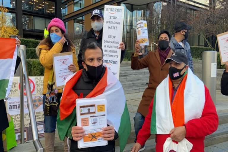 Protest outside Amazon office for selling products with Hindu symbols