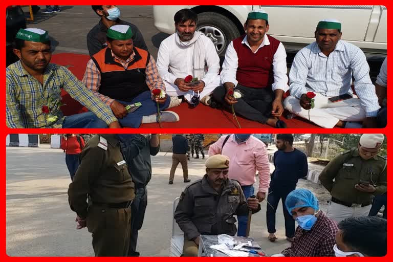 delhi police and noida police gave flowers to farmers