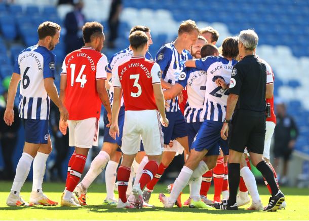 There was a melee after the final whistle when Maupay was confronted by Arsenal midfielder Matteo Guendouzi and fell to the floor.