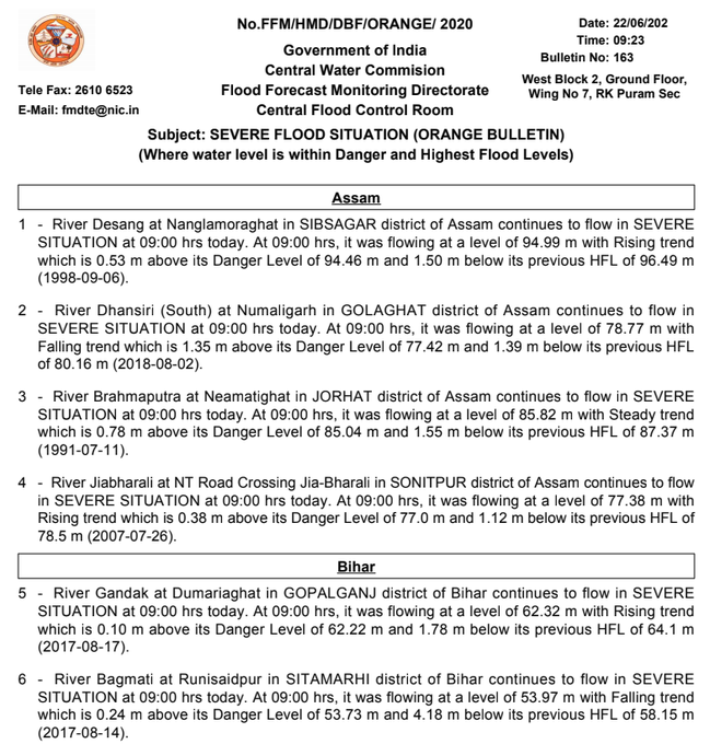 Central Flood Control room issues notice stating that river Desang in Assam is flowing above its danger level.