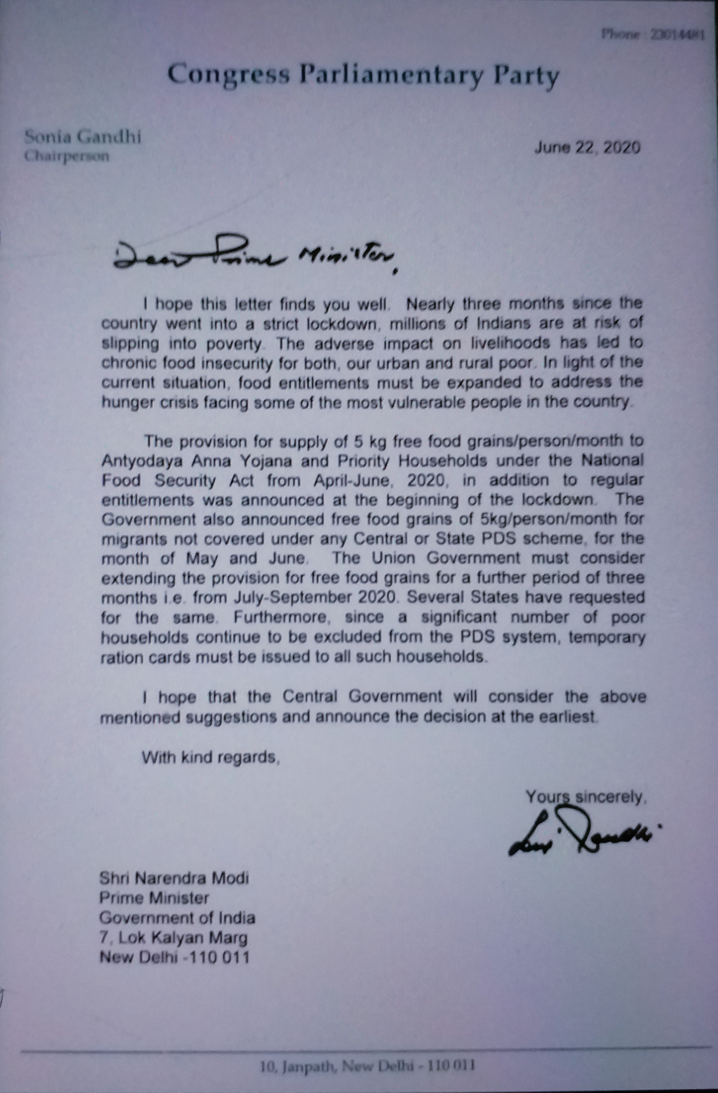 Sonia Gandhi writes to PM Modi