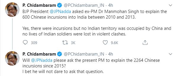 Nadda will not dare to ask PM Modi to explain 2,264 Chinese incursions since 2015: Chidambaram