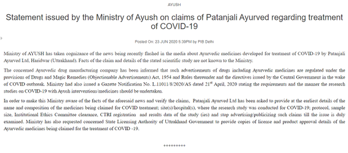 Ayush Ministry asks Patanjali to stop advertising on Coronil