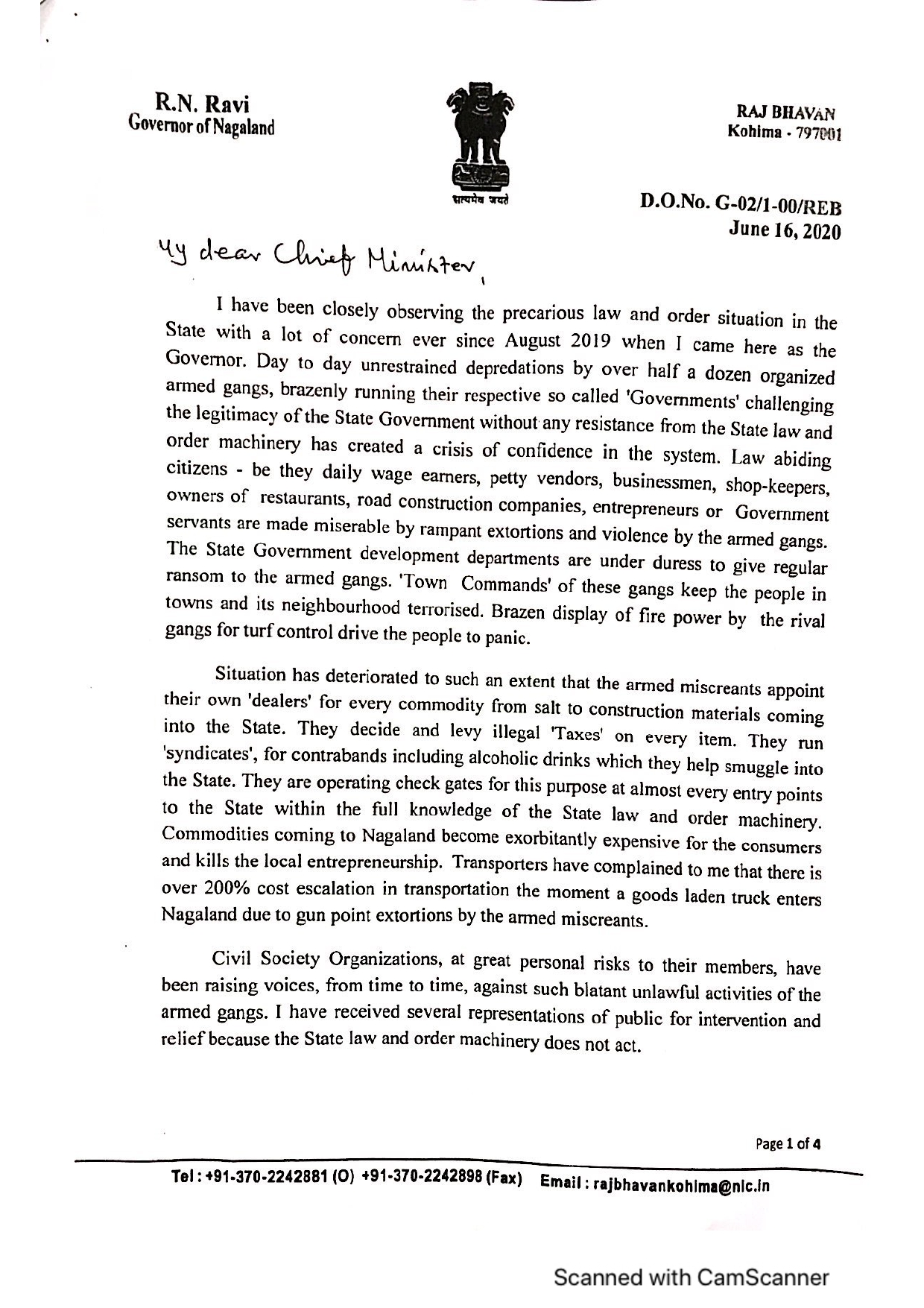 Letter written by Nagaland Guv to state CM Neiphiu Rio