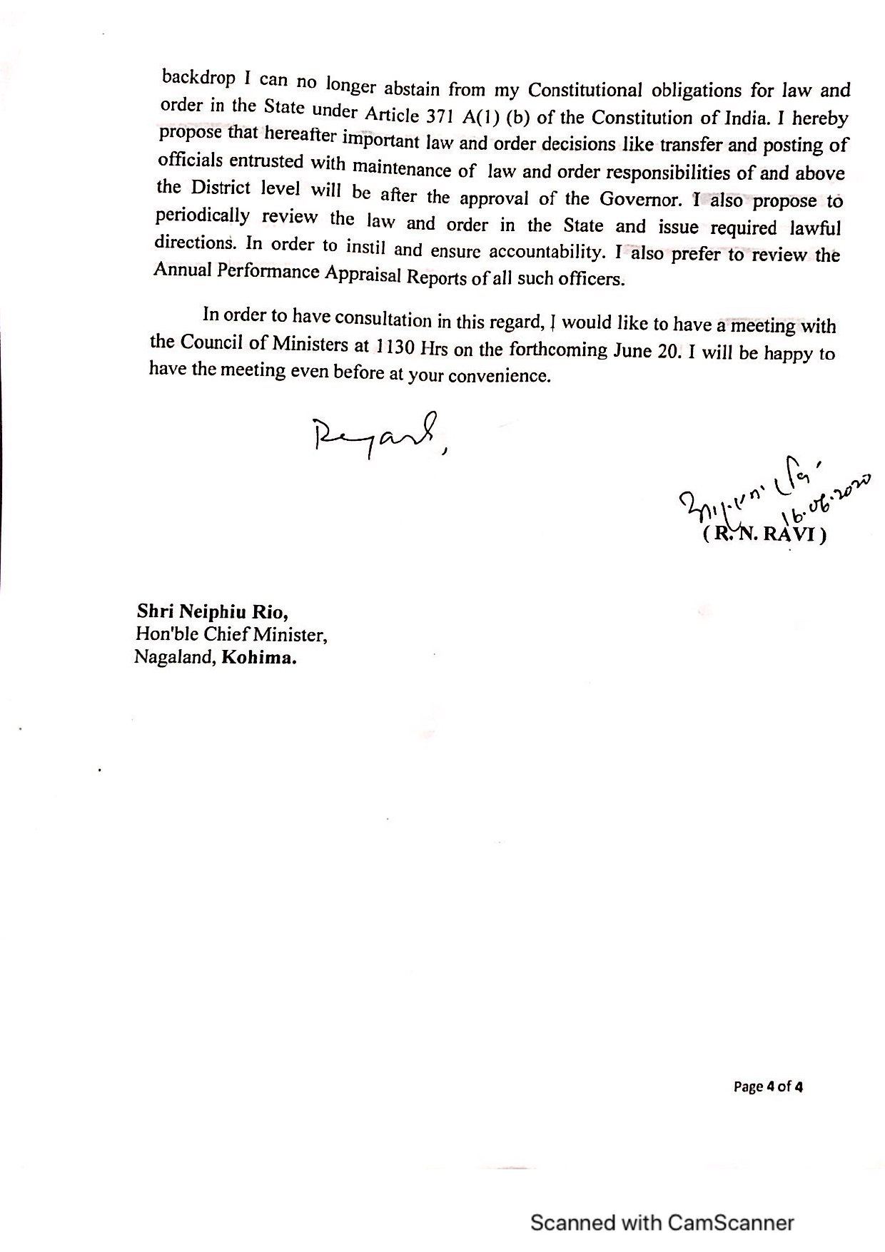 Letter written by Nagaland Guv to state CM Neiphiu Rio