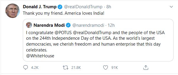 'Thank you my friend, America loves India': Trump replied PM Modi